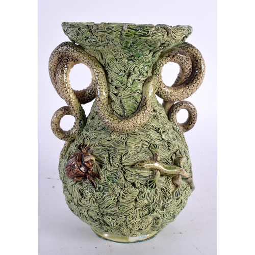 67 - A 19TH CENTURY PORTUGUESE MAJOLICA TWIN HANDLED MAFRA POTTERY VASE decorated with snakes and serpent... 