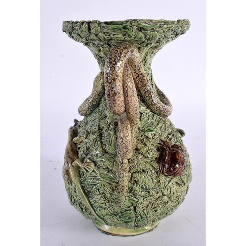 67 - A 19TH CENTURY PORTUGUESE MAJOLICA TWIN HANDLED MAFRA POTTERY VASE decorated with snakes and serpent... 