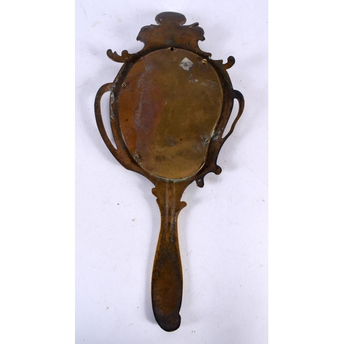 675 - A 19TH CENTURY FRENCH CHAMPLEVE ENAMEL BRONZE MIRROR decorated with foliage and vines. 30cm x 12 cm.