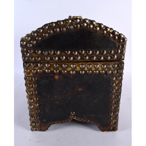 681 - A LARGE 19TH CENTURY COUNTRY HOUSE EUROPEAN LEATHER STUD WORK CASKET decorated with motifs. 32 cm x ... 