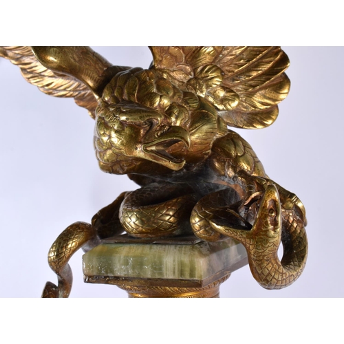 682 - A LOVELY LARGE LATE 19TH CENTURY FRENCH GILT BRONZE AND ONYX COLUMN modelled with an eagle grappling... 