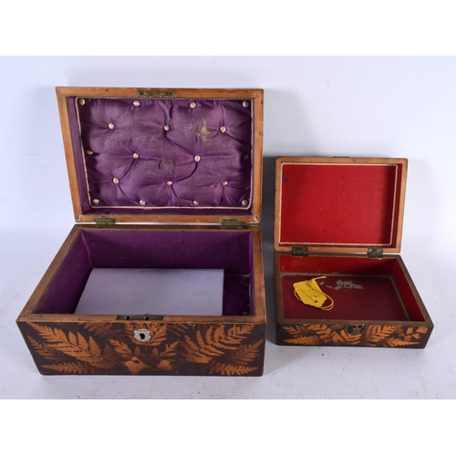 690 - A VICTORIAN FERNWARE TREEN JEWELLERY BOX together with a smaller box and letter opener. Largest 21 c... 