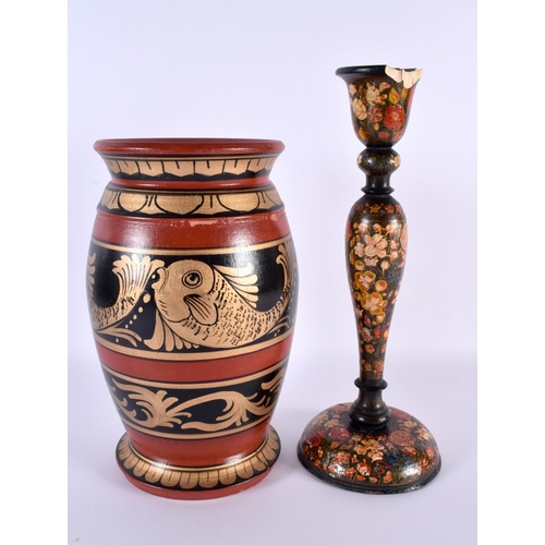 694 - A KASHMIR COUNTRY HOUSE LACQUERED CANDLESTICK together with an Arts and Crafts type wood vase. Large... 