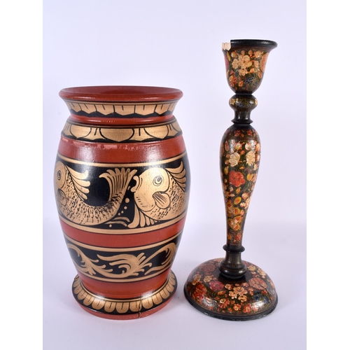 694 - A KASHMIR COUNTRY HOUSE LACQUERED CANDLESTICK together with an Arts and Crafts type wood vase. Large... 