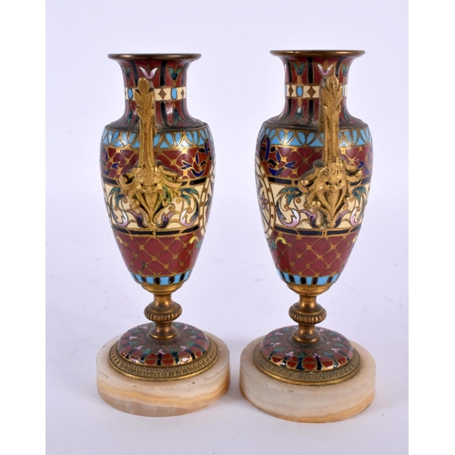 706 - A PAIR OF 19TH CENTURY FRENCH CHAMPLEVE ENAMEL BRONZE VASES in the manner of Barbedienne. 13 cm high... 