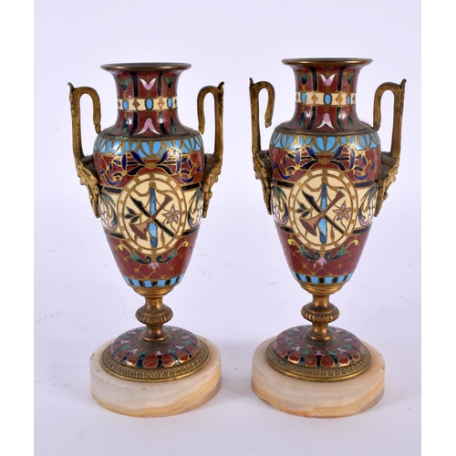 706 - A PAIR OF 19TH CENTURY FRENCH CHAMPLEVE ENAMEL BRONZE VASES in the manner of Barbedienne. 13 cm high... 