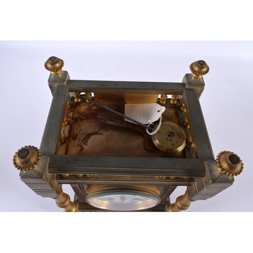 716 - A 19TH CENTURY FRENCH BRONZE MANTEL CLOCK with circular enamel dial. 27 cm x 14cm.