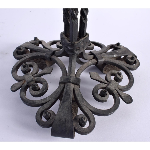 719 - A LARGE ARTS AND CRAFTS IRON LANTERN together with a similar pedestal comport. Largest 42 cm x 22cm.... 