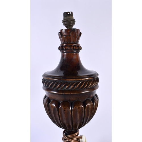 720 - A LARGE EDWARDIAN CARVED WOOD COUNTRY HOUSE LAMP. 55 cm high.