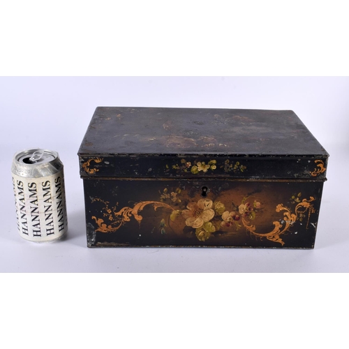 722 - A LARGE EARLY VICTORIAN TOLEWARE STATIONARY CASKET painted with birds in landscapes. 30cm x 20cm.