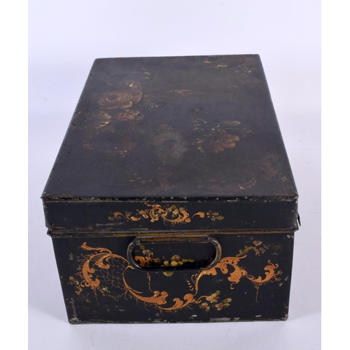 722 - A LARGE EARLY VICTORIAN TOLEWARE STATIONARY CASKET painted with birds in landscapes. 30cm x 20cm.