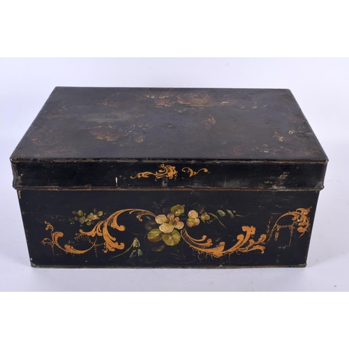 722 - A LARGE EARLY VICTORIAN TOLEWARE STATIONARY CASKET painted with birds in landscapes. 30cm x 20cm.