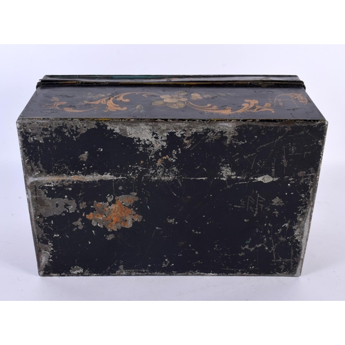 722 - A LARGE EARLY VICTORIAN TOLEWARE STATIONARY CASKET painted with birds in landscapes. 30cm x 20cm.