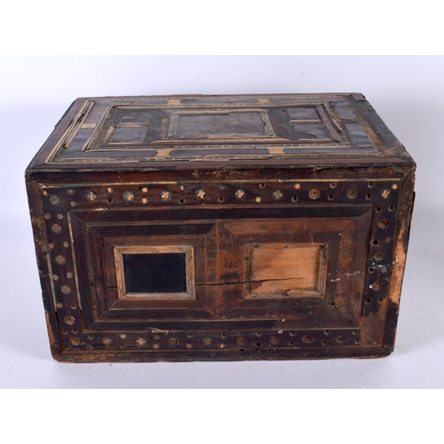 725 - A 17TH/18TH CENTURY PERSIAN MIDDLE EASTERN TORTOISESHELL TABLE CABINET inlaid with bone. 30cm x 22cm... 