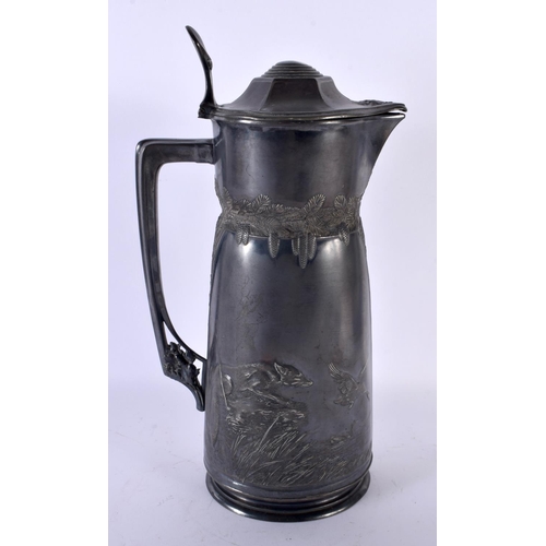 726 - A LARGE EARLY 20TH CENTURY ORIVIT PEWTER TANKARD decorated in relief with hunting scenes. 36 cm high... 