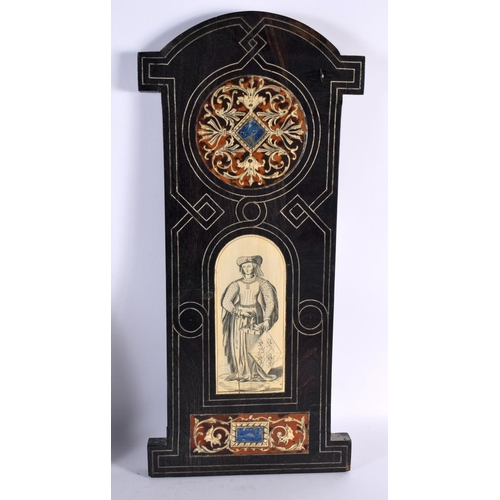 729 - A LARGE PAIR OF 19TH CENTURY ITALIAN LAPIS AND TORTOISESHELL INLAID PANELS depicting figures holding... 