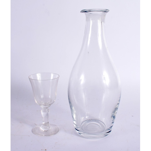 73 - AN ANTIQUE LIGNUM VITAE GLASS DECANTER SET with glasses. 30cm x 24 cm. (qty)