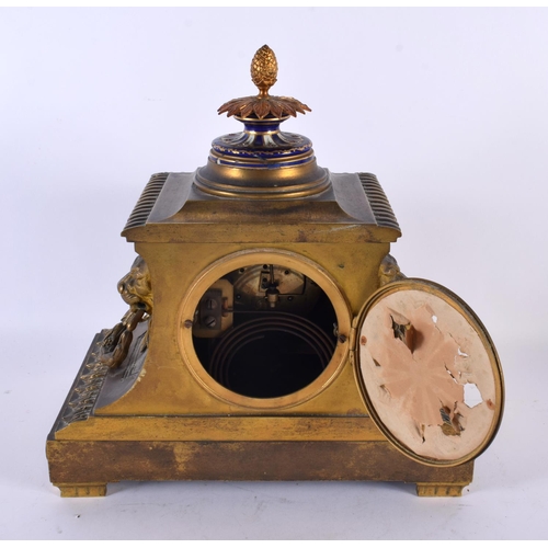 732 - A LARGE 19TH CENTURY FRENCH SEVRES PORCELAIN INSET BRONZE MANTEL CLOCK. 27 cm x 27 cm.