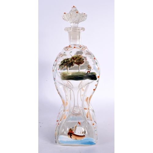 74 - AN ANTIQUE DUTCH ENAMELLED GLASS DECANTER AND STOPPER. 34 cm high.