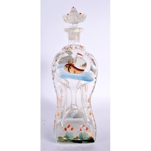 74 - AN ANTIQUE DUTCH ENAMELLED GLASS DECANTER AND STOPPER. 34 cm high.