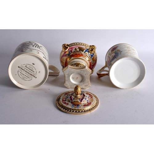 743 - AN EARLY 19TH CENTURY DERBY PORCELAIN POT POURRI AND COVER together with two mugs. Largest 15cm x 12... 