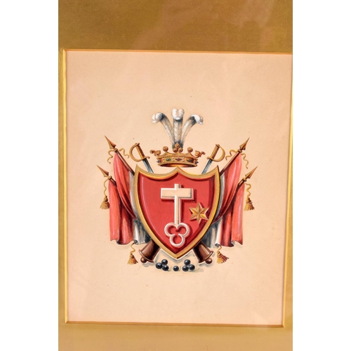 747 - A FRAMED 19TH CENTURY GILT AND WATERCOLOUR HERALDIC COAT OF ARMS. 40 cm x 36 cm.