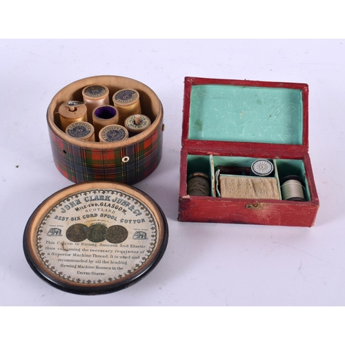 754 - A LATE 19TH CENTURY SCOTTISH TARTANWARE STRING BOX together with a tooled leather box. Largest 9.5 c... 