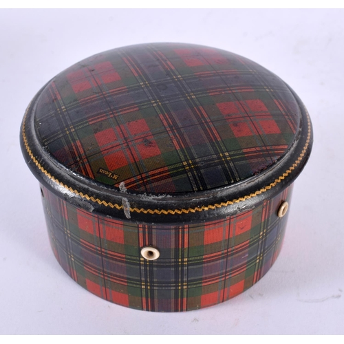 754 - A LATE 19TH CENTURY SCOTTISH TARTANWARE STRING BOX together with a tooled leather box. Largest 9.5 c... 