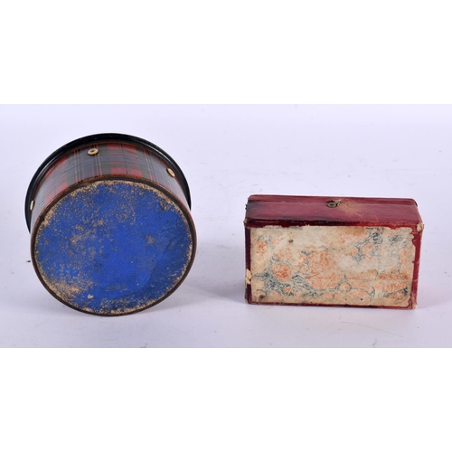 754 - A LATE 19TH CENTURY SCOTTISH TARTANWARE STRING BOX together with a tooled leather box. Largest 9.5 c... 