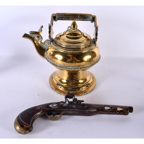 768 - A TURKISH MOTHER OF PEARL INLAID PISTOL together with a Middle Eastern bronze teapot and cover. Larg... 