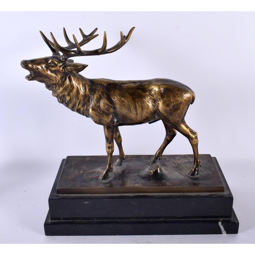 769 - AN ART DECO EUROPEAN BRONZE FIGURE OF A STAG presented 23/7/1960 to Windsor Boy School. 32 cm x 28cm... 