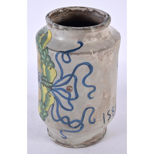 770 - A 19TH CENTURY CONTINENTAL MAJOLICA POTTERY DRUG JAR painted with mythical figures. 22cm x 10 cm.