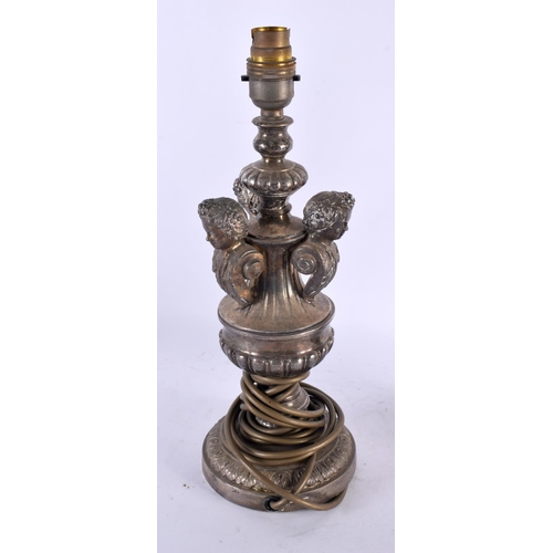 772 - A PAIR OF ANTIQUE CONTINENTAL SILVER PLATED TRIPLE CHERUB LAMPS. 34 cm high.