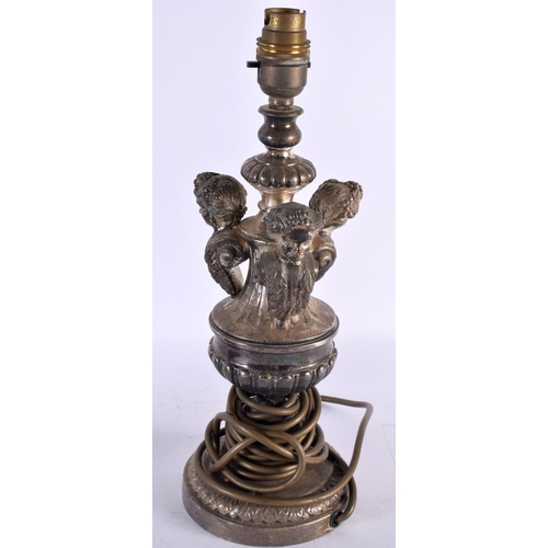 772 - A PAIR OF ANTIQUE CONTINENTAL SILVER PLATED TRIPLE CHERUB LAMPS. 34 cm high.