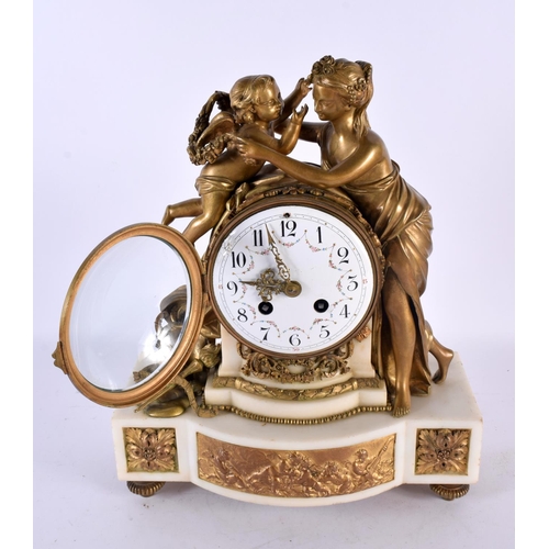 774 - A LARGE 19TH CENTURY FRENCH GILT BRONZE AND MARBLE FIGURAL CLOCK with painted enamel dial. 34 cm x 2... 