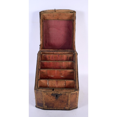 782 - A LOVELY LATE 18TH/19TH CENTURY COUNTRY HOUSE TOOLED LEATHER STATIONARY BOX decorated all over with ... 