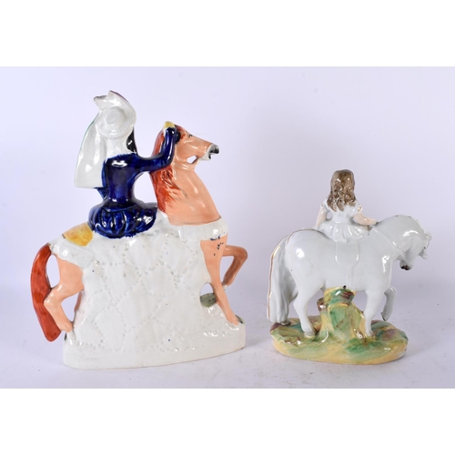 791 - TWO LARGE 19TH CENTURY STAFFORDSHIRE HORSE RIDING FIGURES. Largest 30cm x 18cm. (2)