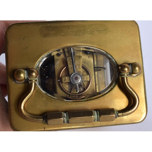 802 - A BRASS CARRIAGE CLOCK together with a French porcelain casket. Largest 15cm high inc handle. (2)