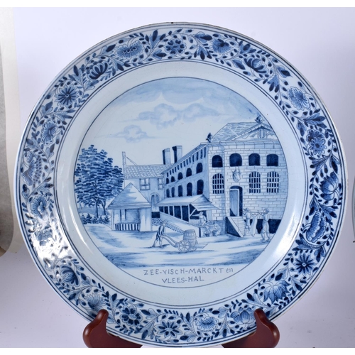 812 - THREE LARGE ANTIQUE DELFT BLUE AND WHITE TIN GLAZED PLATES. 30cm diameter. (3)