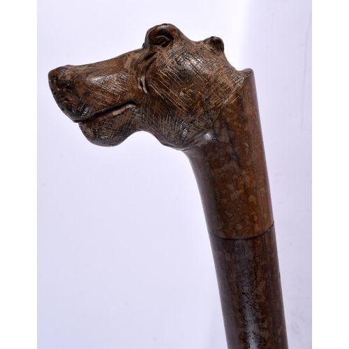 817 - AN ANTIQUE BRONZE LION HEAD WALKING CANE together with a hippo cane. Largest 90cm long. (2)