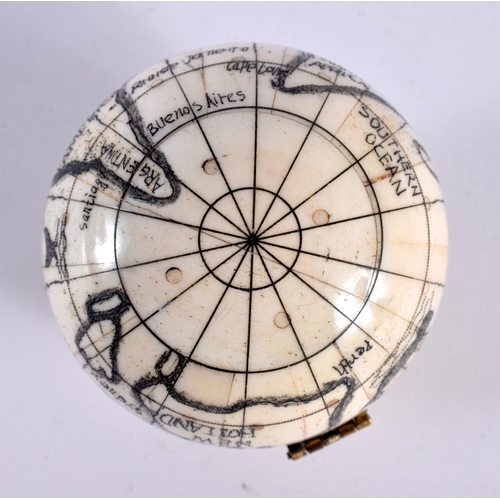 838 - A CONTINENTAL BONE GLOBE COMPASS. 7cm diameter.