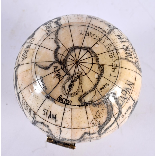 838 - A CONTINENTAL BONE GLOBE COMPASS. 7cm diameter.