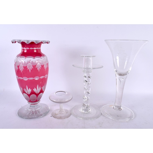 842 - A 1937 CORONATION GLASS GOBLET together with a ruby flash vase etc. Largest 26 cm high. (4)