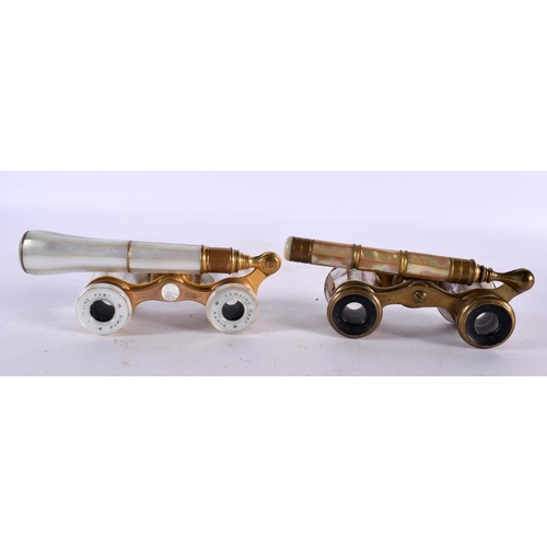 846 - TWO PAIRS OF ANTIQUE MOTHER OF PEARL OPERA GLASSES. Largest 20cm long extended. (2)