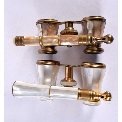 846 - TWO PAIRS OF ANTIQUE MOTHER OF PEARL OPERA GLASSES. Largest 20cm long extended. (2)