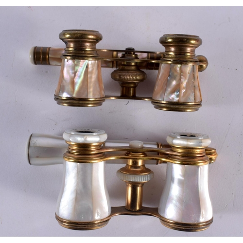 846 - TWO PAIRS OF ANTIQUE MOTHER OF PEARL OPERA GLASSES. Largest 20cm long extended. (2)