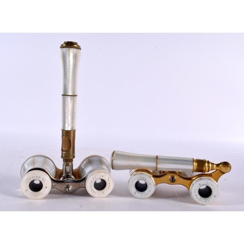 847 - TWO PAIRS OF ANTIQUE MOTHER OF PEARL OPERA GLASSES. Largest 20cm long extended. (2)