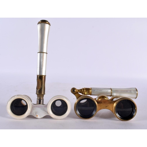 847 - TWO PAIRS OF ANTIQUE MOTHER OF PEARL OPERA GLASSES. Largest 20cm long extended. (2)