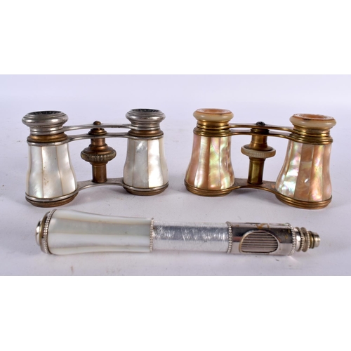 849 - TWO PAIRS OF ANTIQUE MOTHER OF PEARL OPERA GLASSES. Largest 20cm long extended. (2)