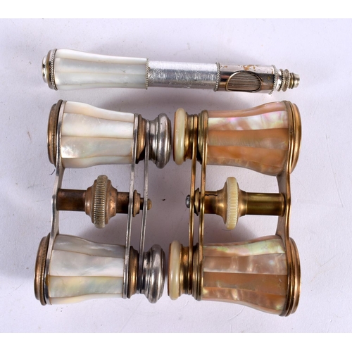 849 - TWO PAIRS OF ANTIQUE MOTHER OF PEARL OPERA GLASSES. Largest 20cm long extended. (2)